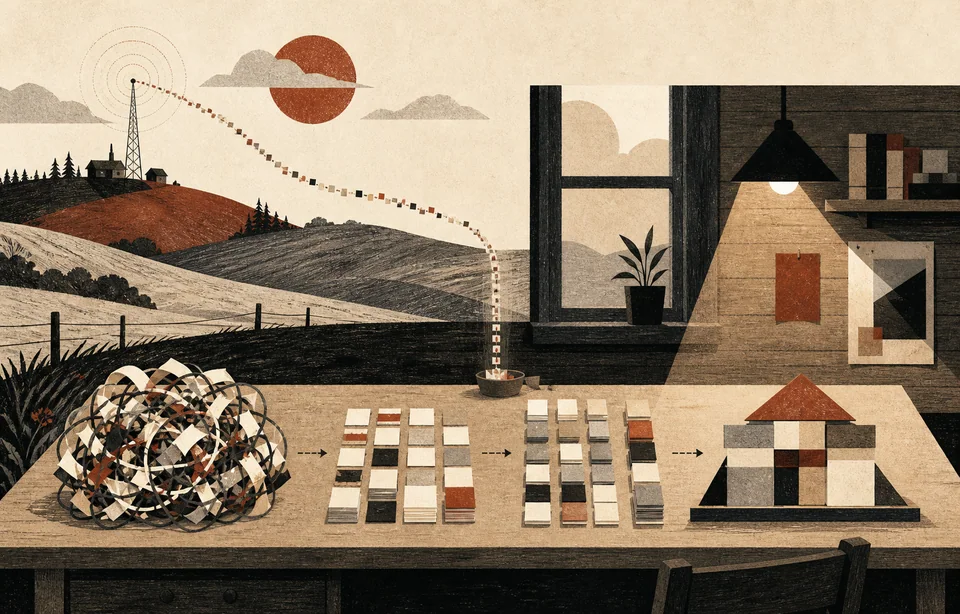 A thin stream of data tiles crosses a rural landscape to a worktable where a tangled problem is decomposed into ordered blocks and rebuilt.