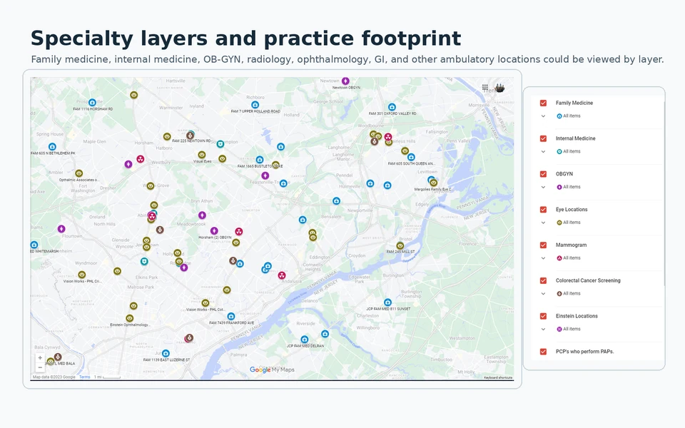 Jefferson Maps specialty layer image showing practice pins and a visual legend for mapped specialties.