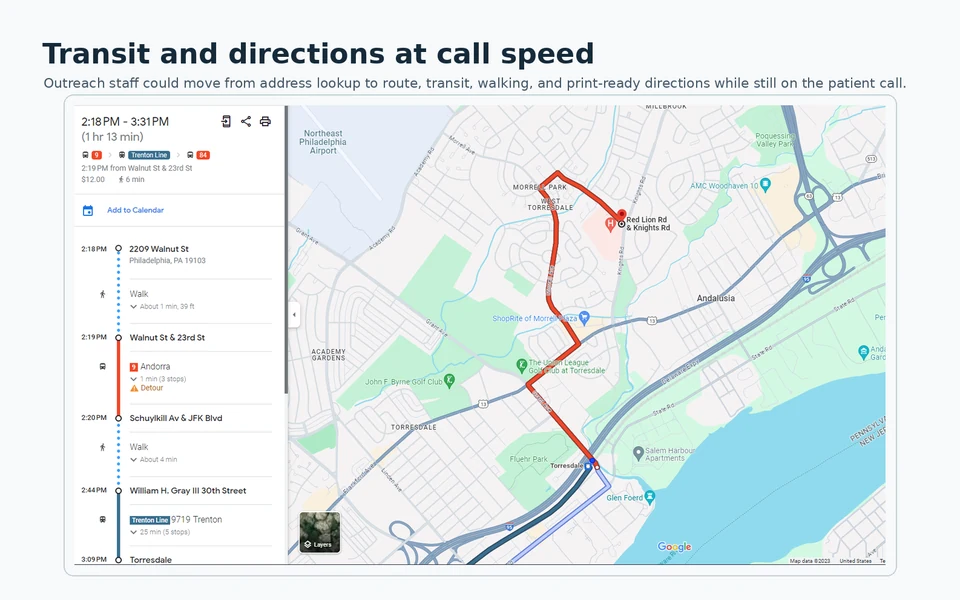 Jefferson Maps transit-directions image showing a route and turn-by-turn transit context for patient navigation.