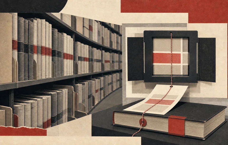 An archive of unmarked plan volumes leads to one inspected page that remains physically tied to its source book by a custody cord.