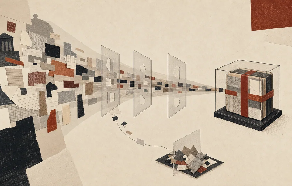 Scattered paper records pass through transparent review gates toward a bound evidence object, while unresolved fragments stop on a separate path.