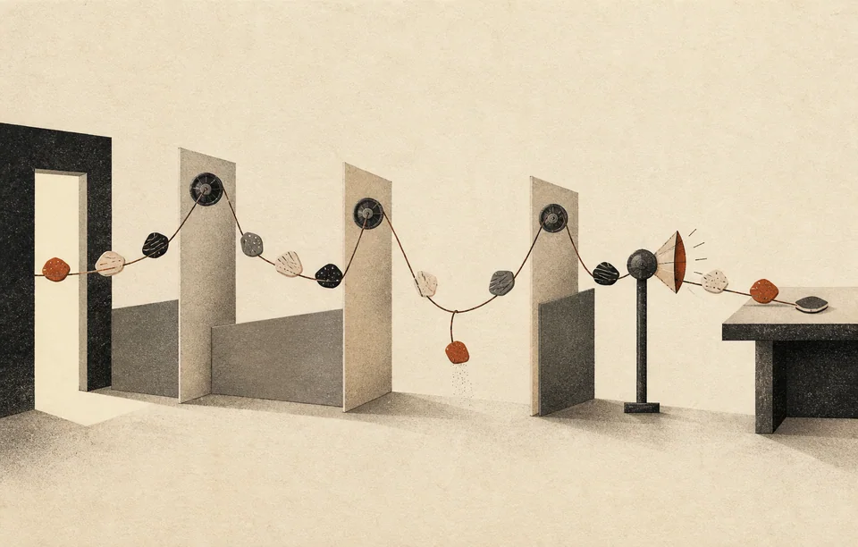 A cord carries small frontline signal tokens through institutional partitions, develops slack, and is heard again before reaching a decision table.