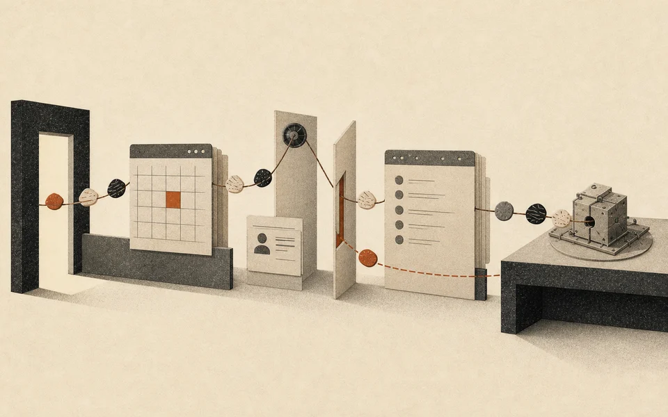 A paper-built clinic scheduling system connects a public doorway to an appointment ledger and authorization gate; one orange appointment token crosses around the displaced gate.