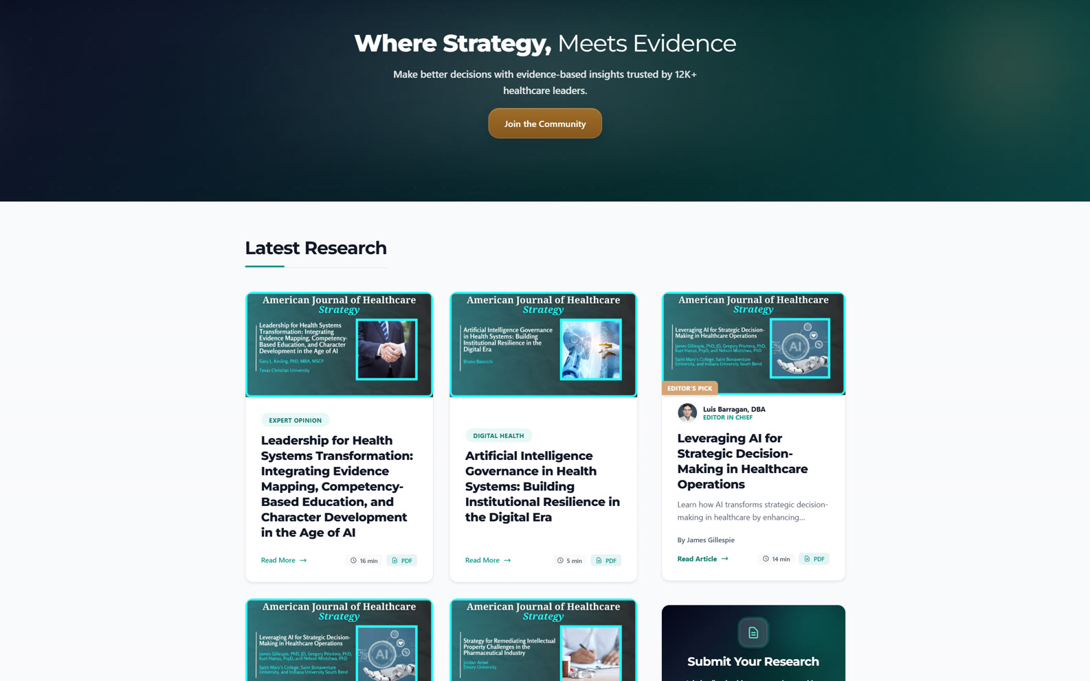 AJHCS institution-building cover image showing the healthcare strategy publication and platform as a public knowledge system.