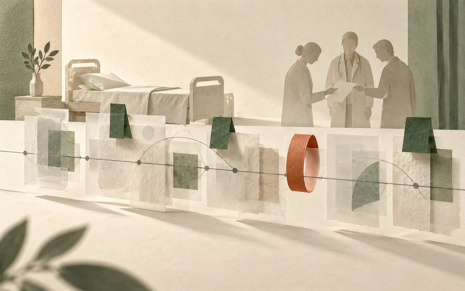 Layered paper records align along a shared timeline in front of a hospital bed and care team; a terracotta loop marks unfinished work.