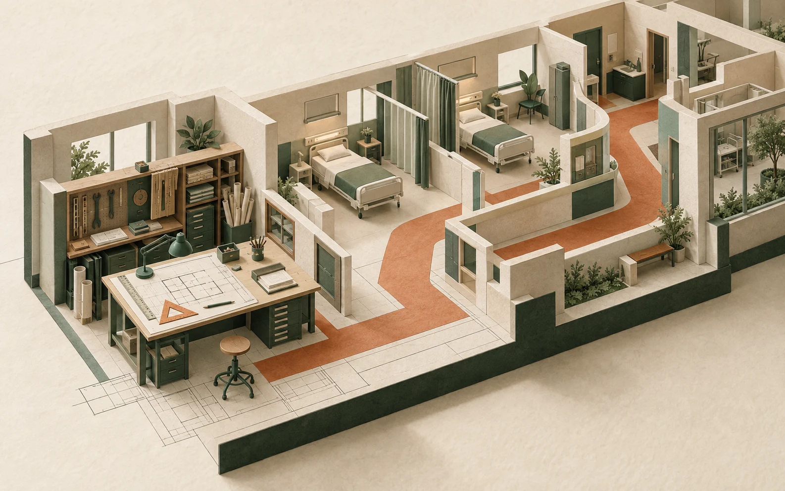 A paper-built hospital ward shares its foundation and terracotta corridor with an engineering workbench and an unfinished floor plan.