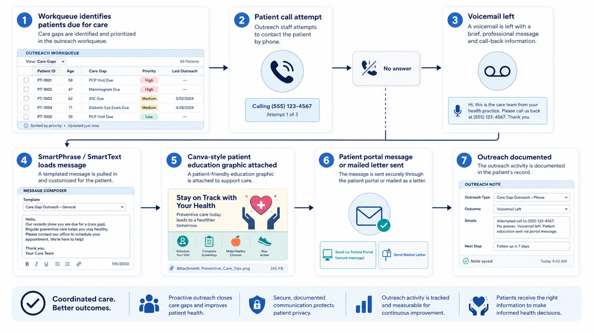 Workflow diagram showing the population health outreach path from Epic workqueue identification to patient call attempt, voicemail, SmartPhrase or SmartText message loading, Canva education graphic attachment, MyChart or mailed letter delivery, and outreach documentation.