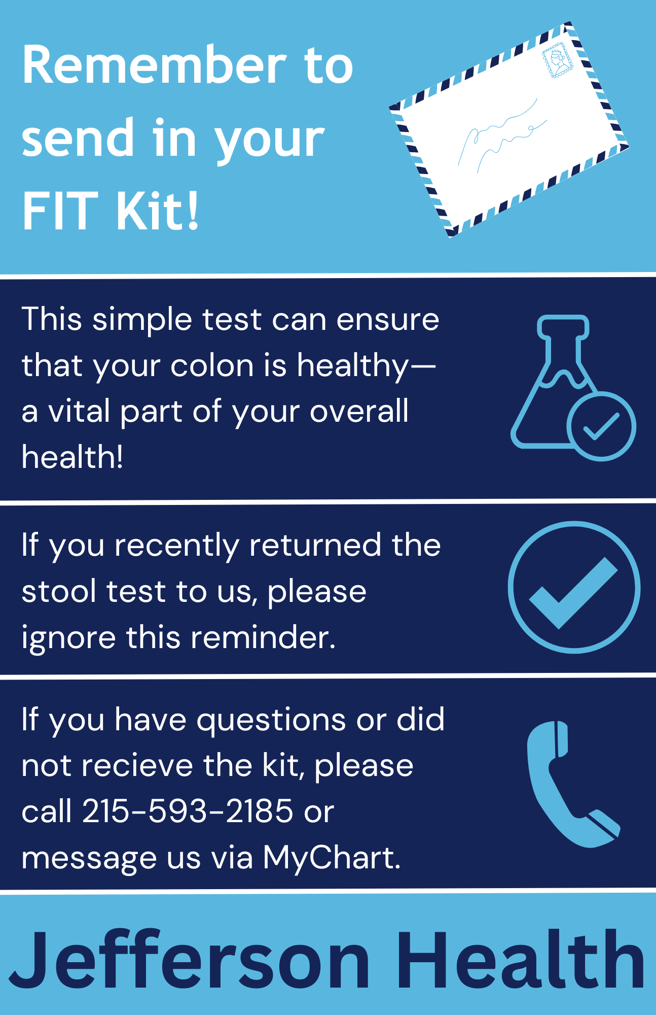 FIT kit follow-up graphic reminding patients to return a stool test kit or contact the team through MyChart.