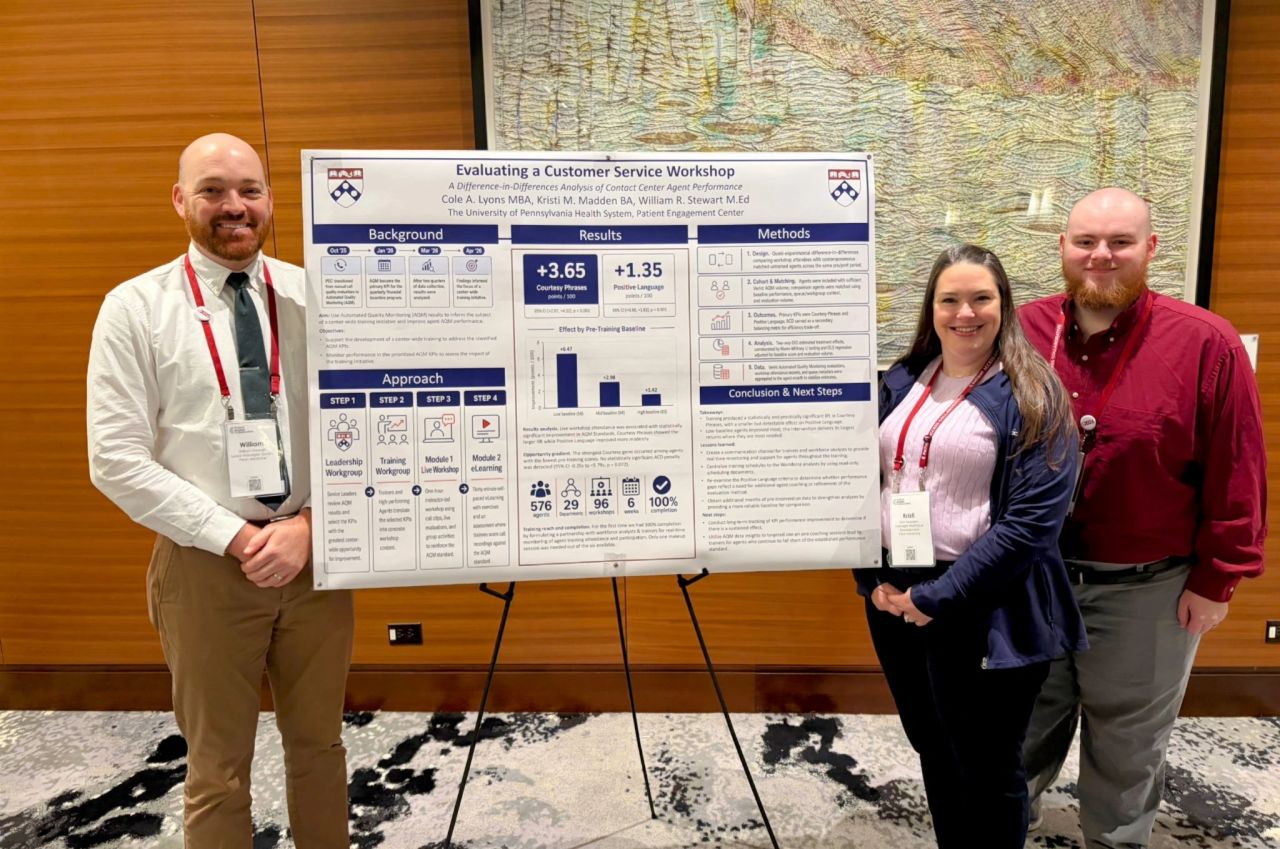 Cole Lyons and Penn Medicine colleagues posing with the Evaluating a Customer Service Workshop poster at the Patient Access Collaborative symposium.